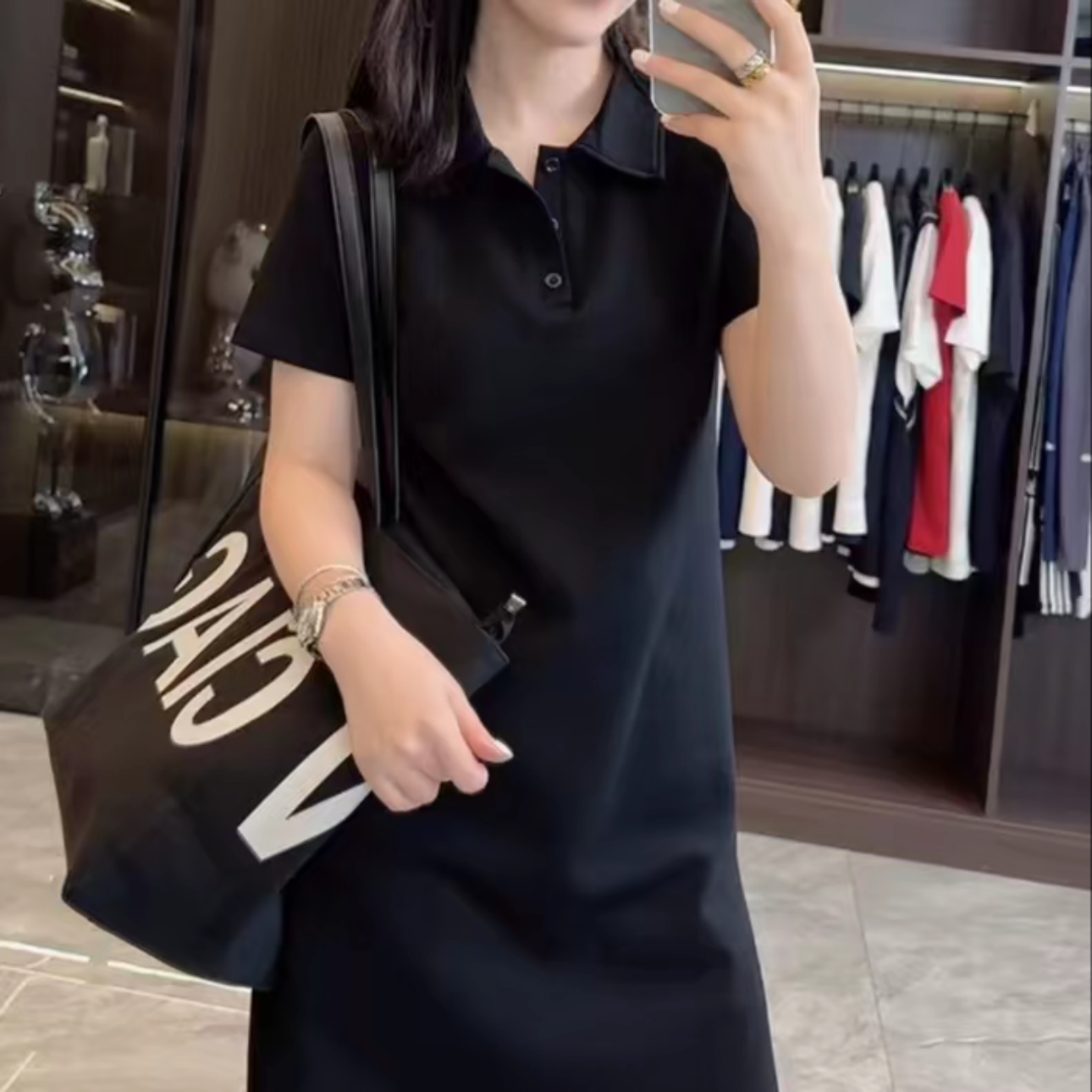 【亿尚】高弹力气质女士短袖POLO领夏季简约黑色连衣裙纯色