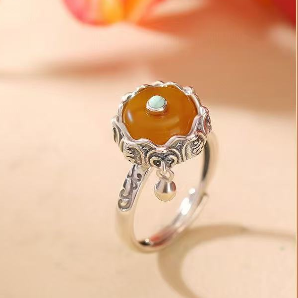 S925银手工银复古民族风天然蜜蜡戒指开口可调节女款个性小众