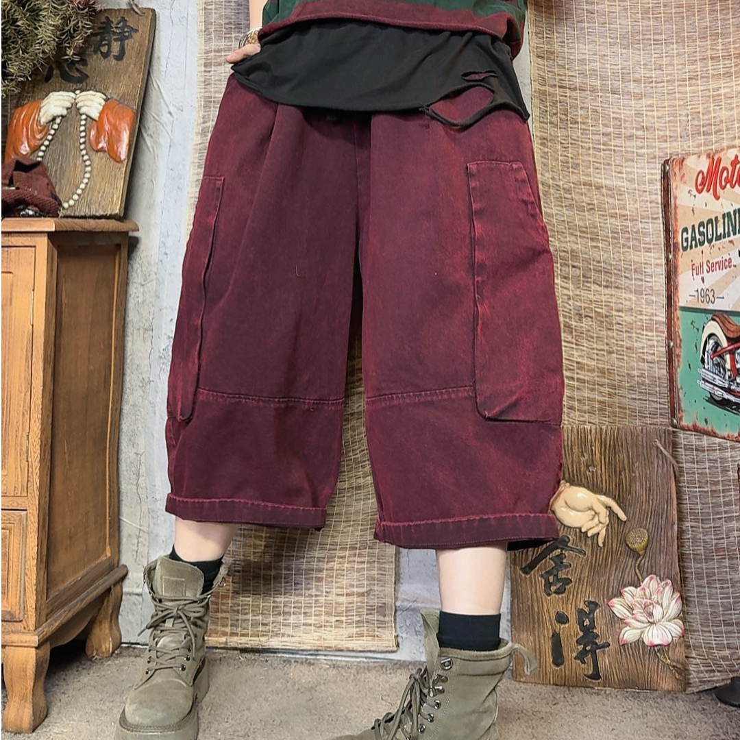 7267款夏季宽松百搭时尚炒色做旧牛仔贴袋工装裤【裤长73臀围150】