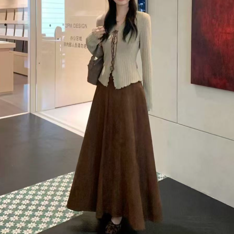 通勤风开衫裙子复古高腰针织女装早秋时尚套装