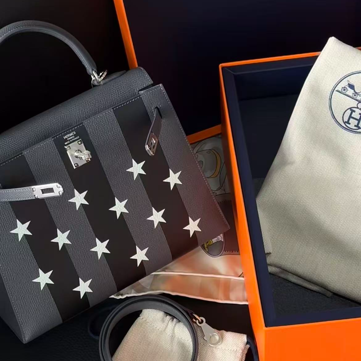 未使用 Hermes/爱马仕 kelly25星星包雾霾灰银扣E皮W刻
