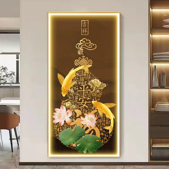 轻奢葫芦玄关装饰画新中式荷花入户挂画福字茶室走廊带灯光挂画