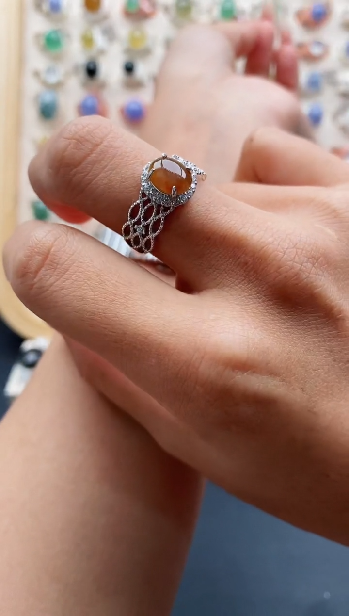 【闪购商品】翡翠戒指银S925镶嵌天然缅甸A货翡翠111 7+8