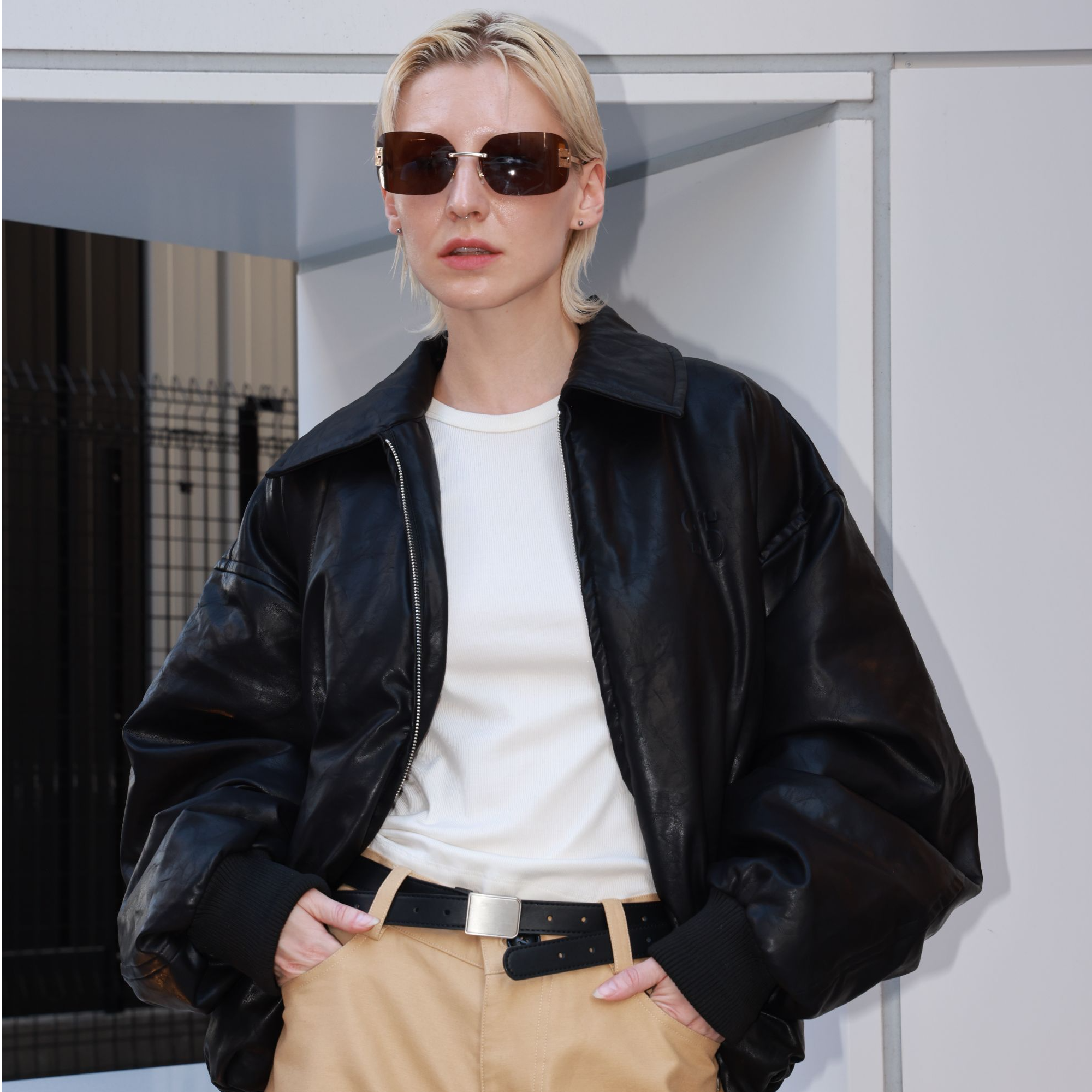 SP*CBRE2 飞行员皮棉服皮衣 黑色压花logo男女同款秋冬重磅款加厚