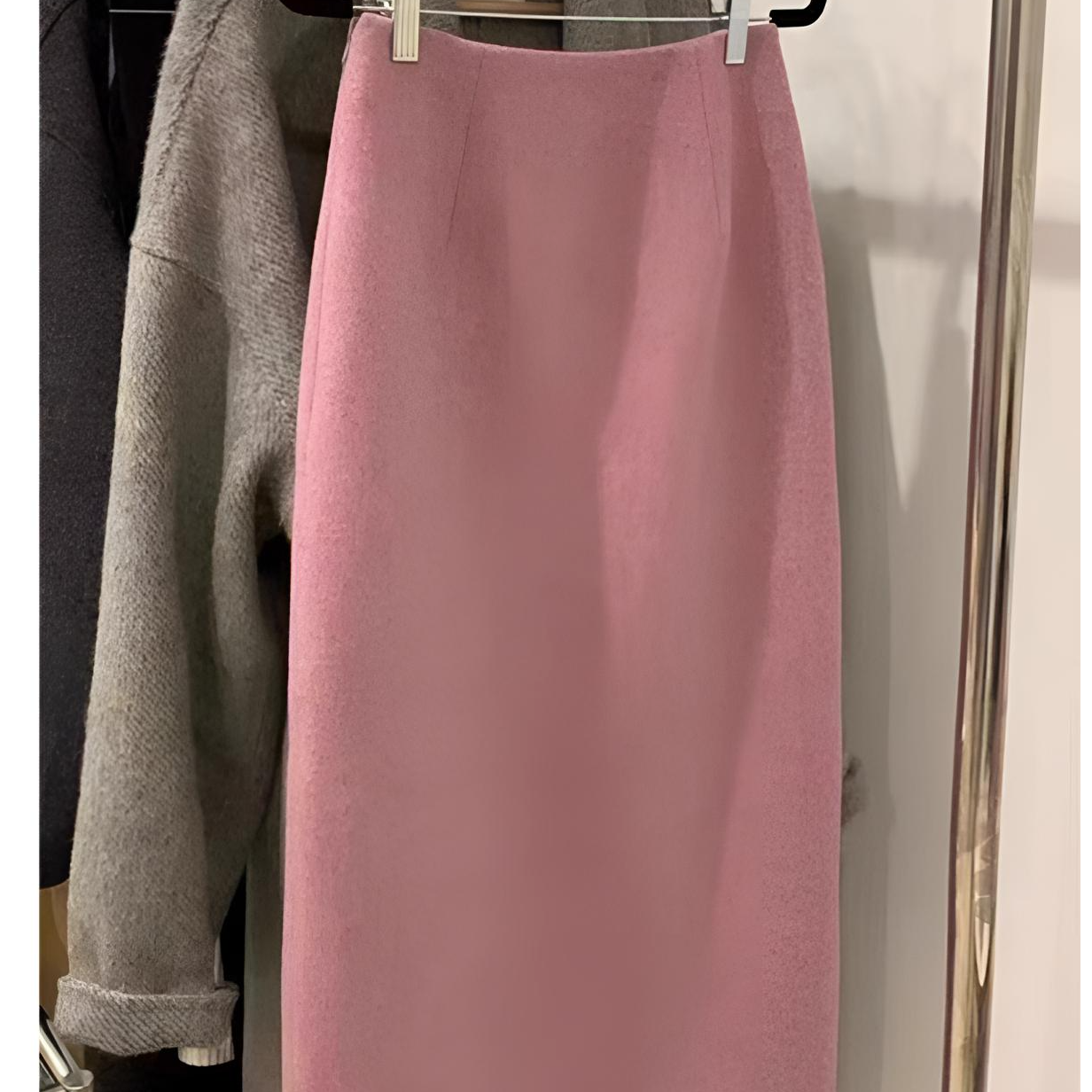 粉色毛呢半身裙新款女秋冬a字高腰开叉小个子中长款百搭显瘦气质