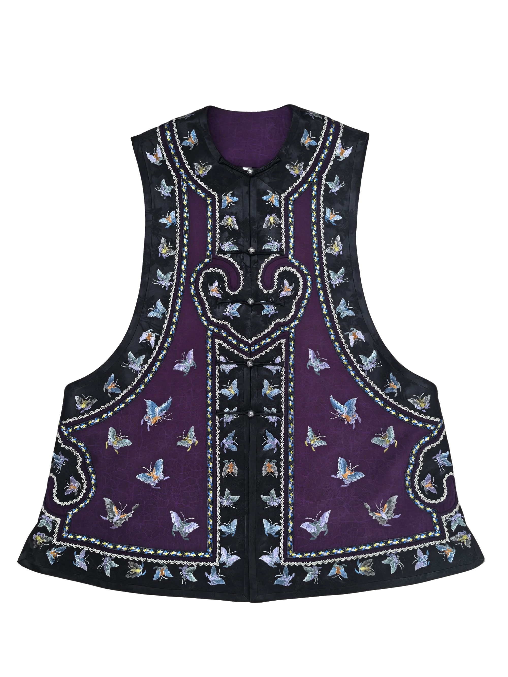 寨优袡【20137】香云纱手推绣满绣百蝶对开襟百搭马甲(平仓价)