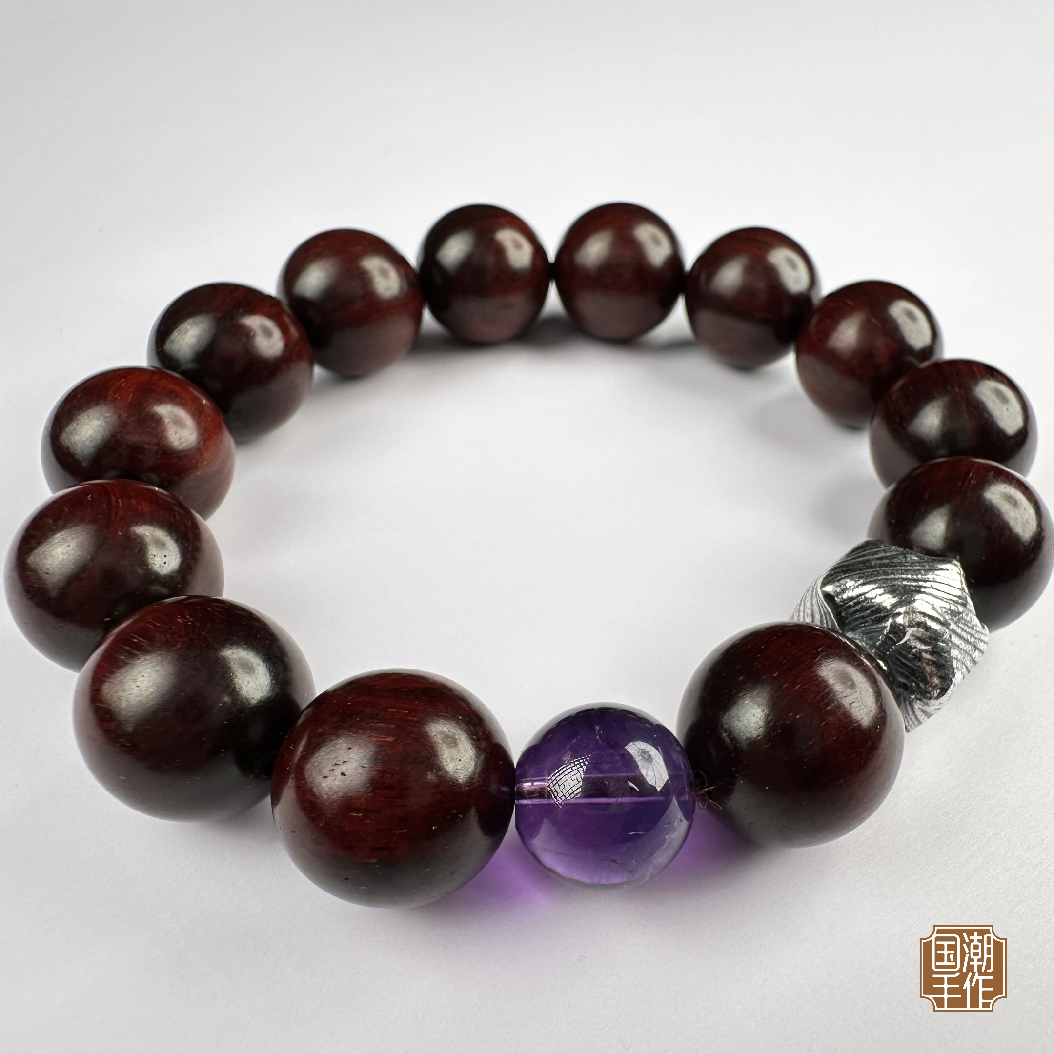 【国潮手作】印度小叶紫檀1.5紫水晶手串手链【六根清净】