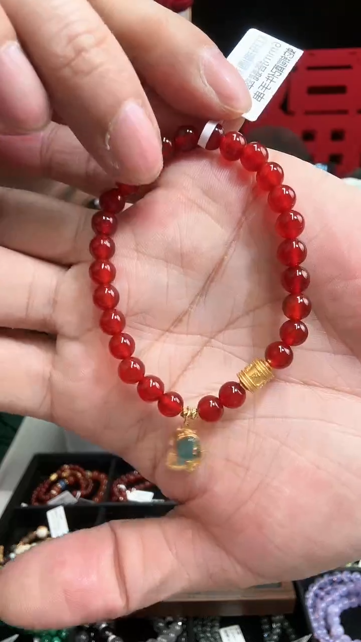 【闪购商品】玛瑙/玉髓手串未镶嵌红玛瑙圆珠约6mm搭翡翠小蛇手串