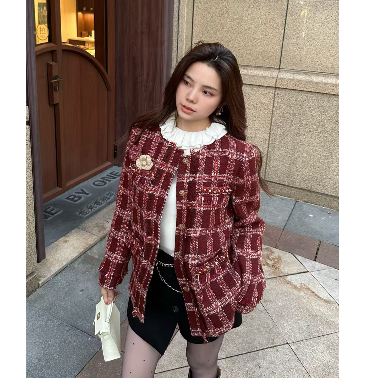 【XSY】JIMI-袖女极简风红色厚款暗扣气质百搭轻奢棉服外套