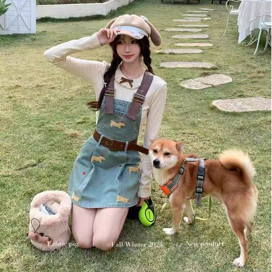 甜美可爱风套装女木耳边针织衫牛仔背带裙两件套2025春季新款女装