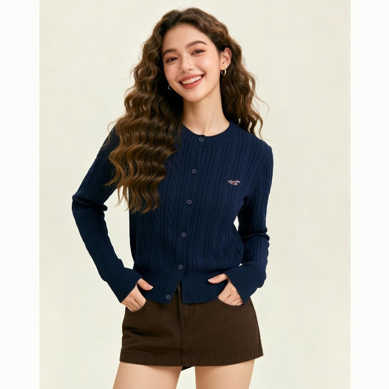 Hollister小海鸥图案25秋冬新款麻花毛衣针织开衫女装350-5328