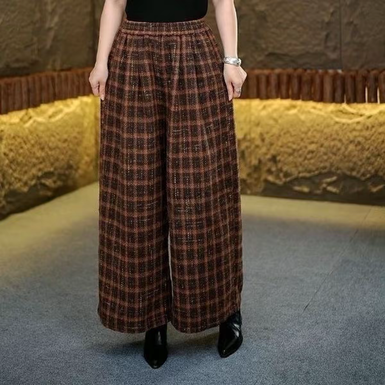 阔腿裤高腰百搭格纹休闲裤时尚格子裤女装复古