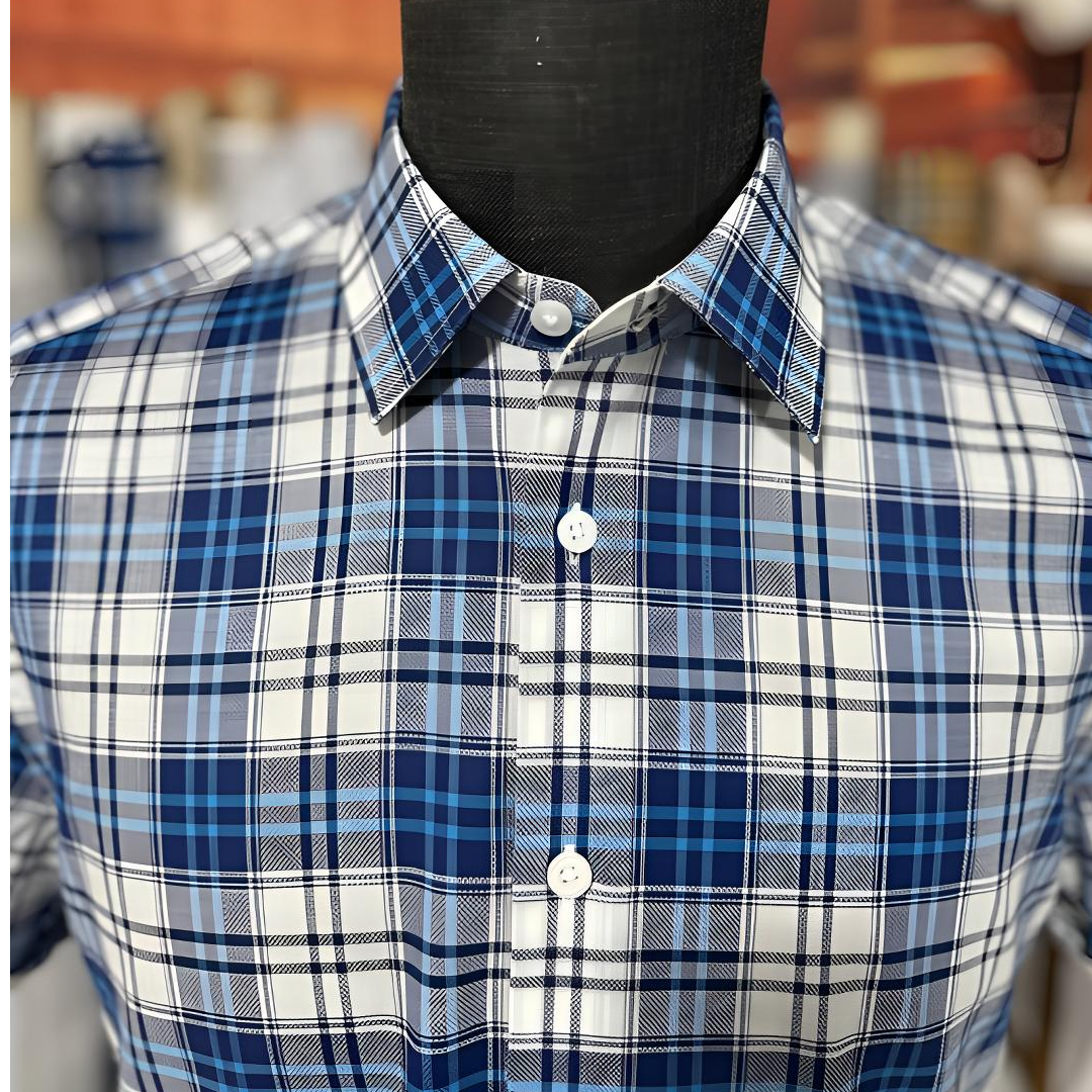 【MASON蓝白格】进口面料男装短袖衬衫纯棉透气休闲衬衫