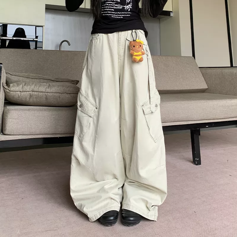 饭饭又饿了美式工装裤女秋季纯棉设计感大口袋阔腿显瘦百搭休闲裤