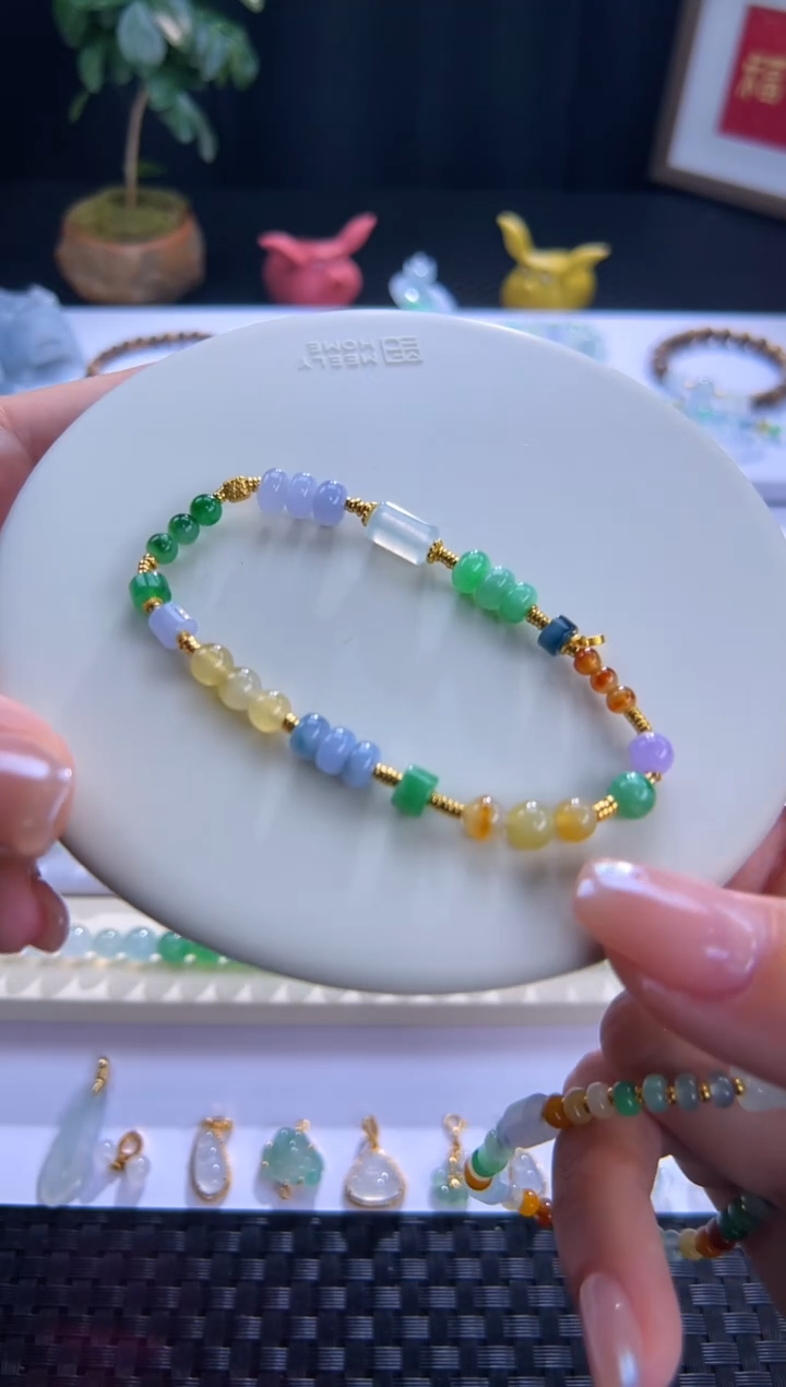 足金镶嵌手串翡翠简*翡翠卡六多宝设计款