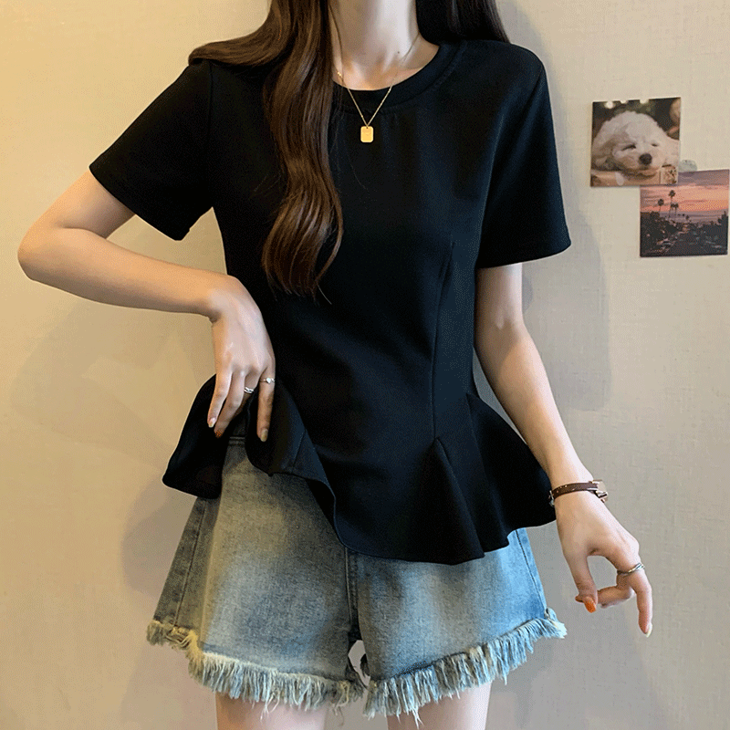 大码设计收腰显瘦褶皱荷叶边正肩打底衫夏季胖MM洋气百搭短袖上衣