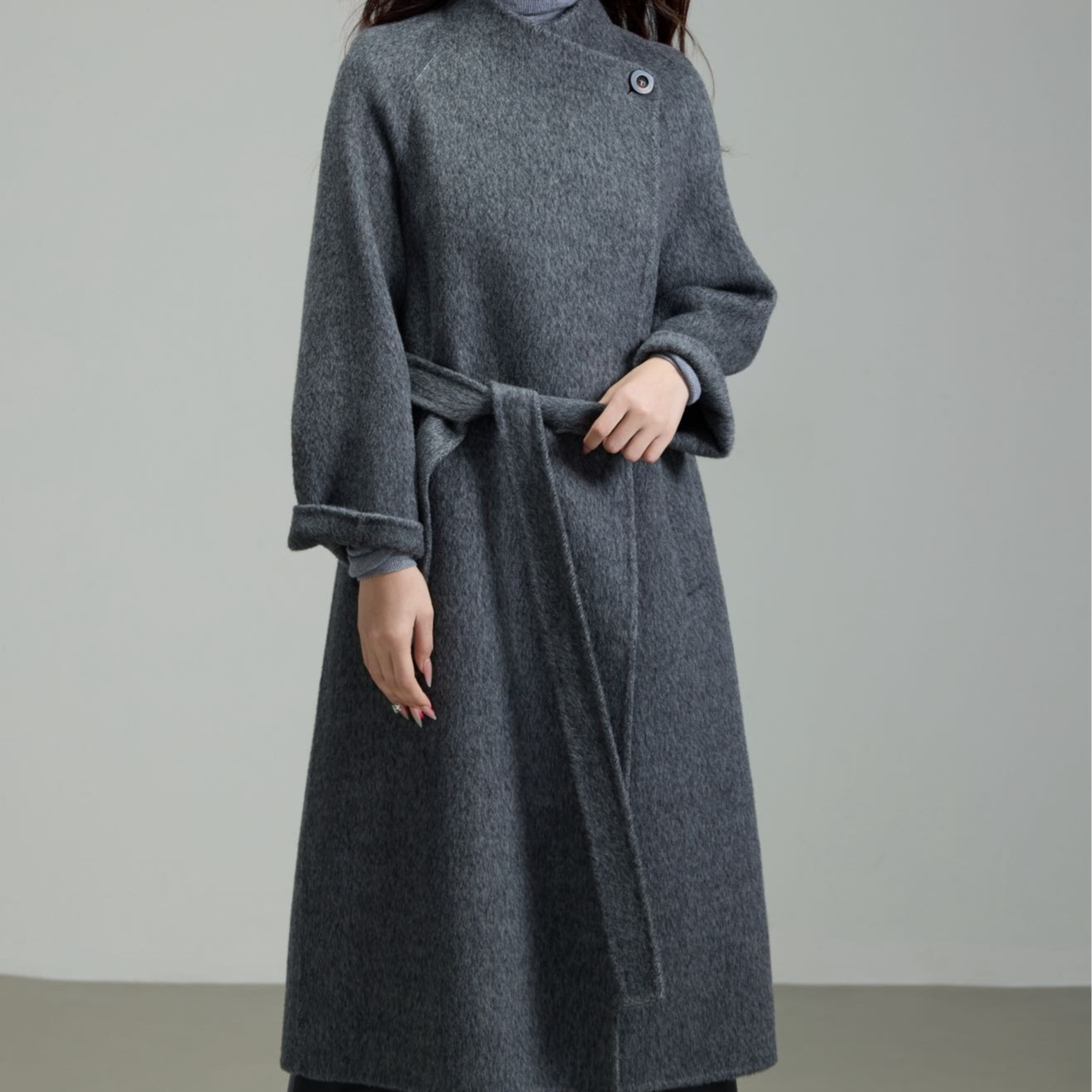 中长款宽松韩版灰色长款羊毛大衣毛呢外套女翻领