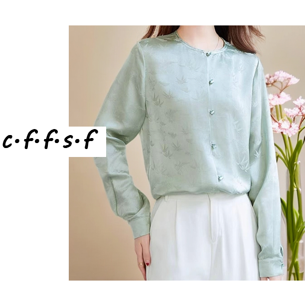 【裁缝方师傅家】提花桑波缎衬衫圆领对襟中式珠扣长袖春夏女时尚