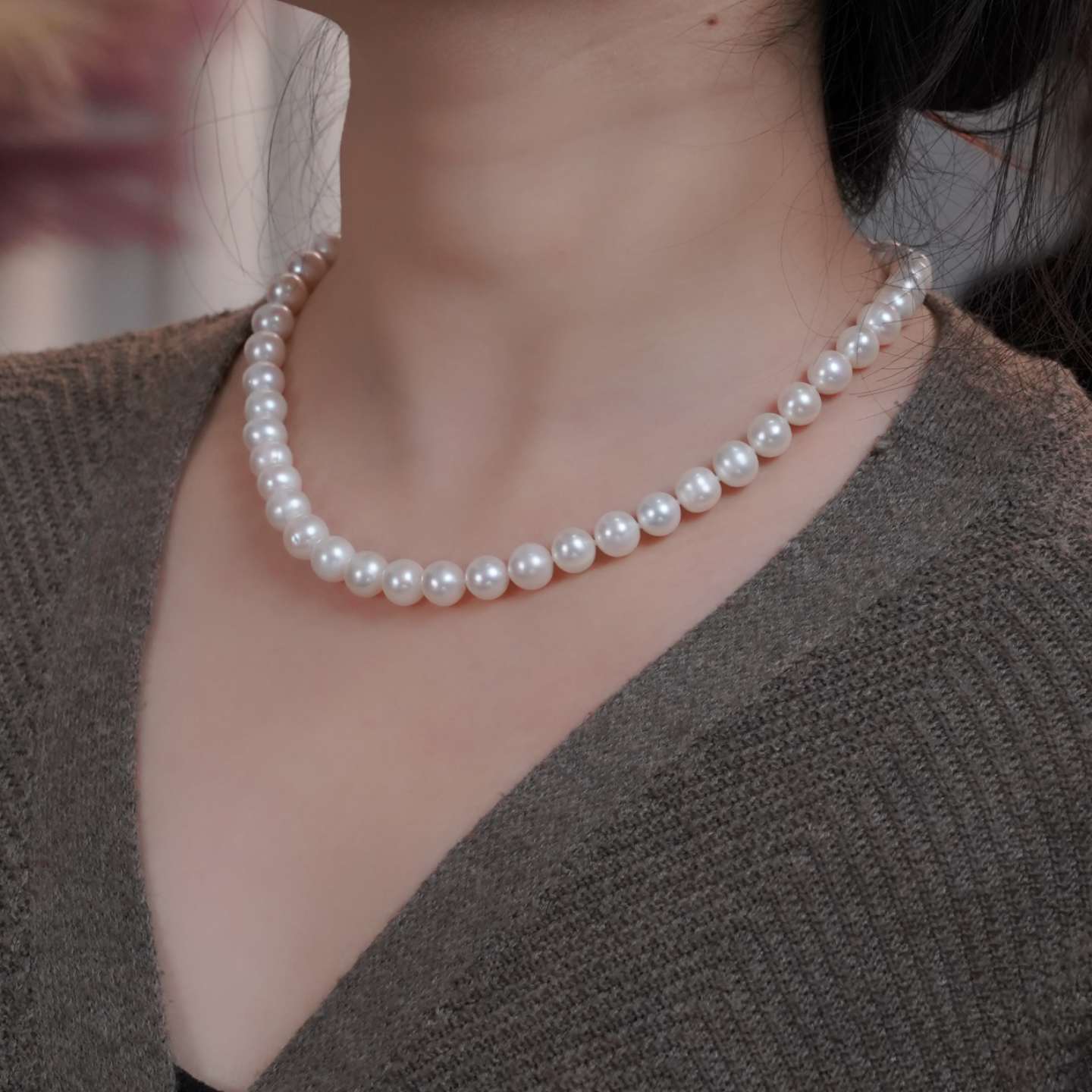 极光天然淡水近圆微瑕无核珍珠项链9-10mm