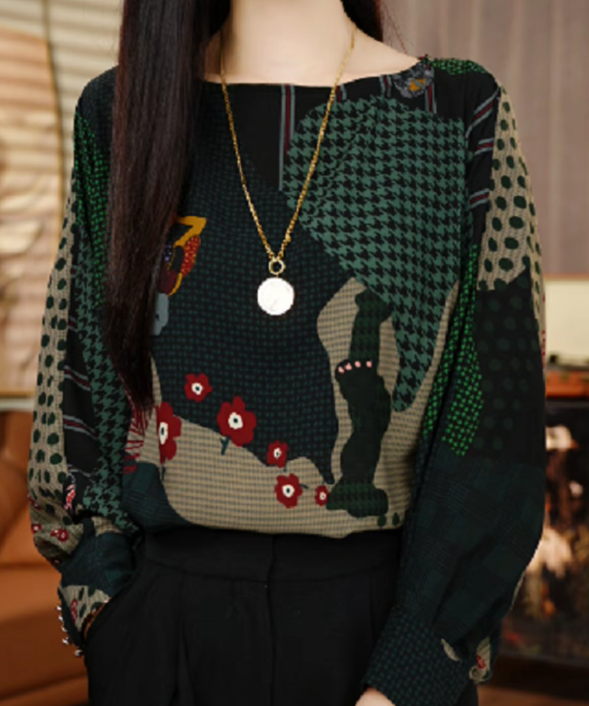 2025秋季圆领印花s常规长袖花色衬衫宽松慵懒风时尚百搭小众179