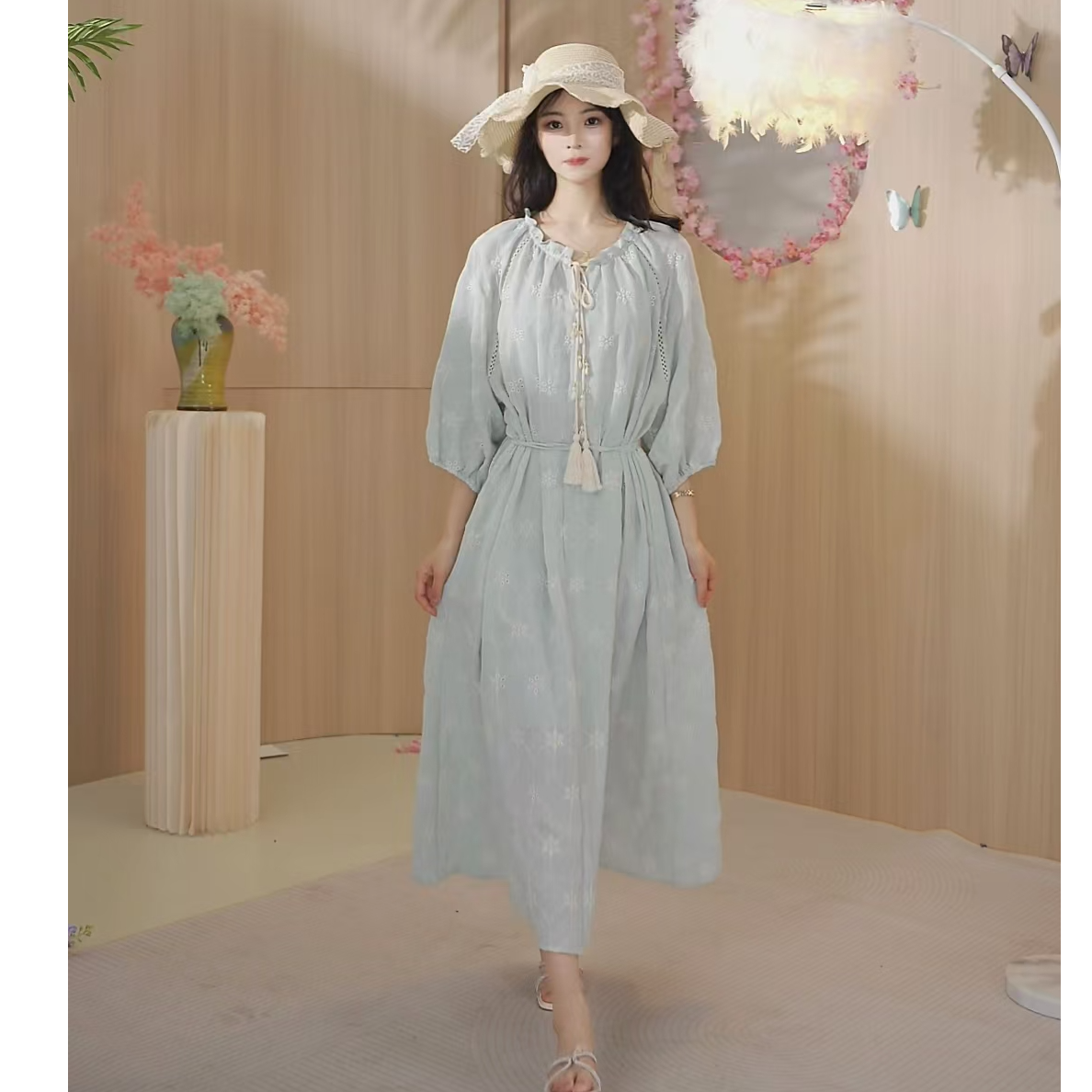 【元元专属】复古显瘦法式时尚刺绣连衣裙夏季气质中袖两件套连衣裙