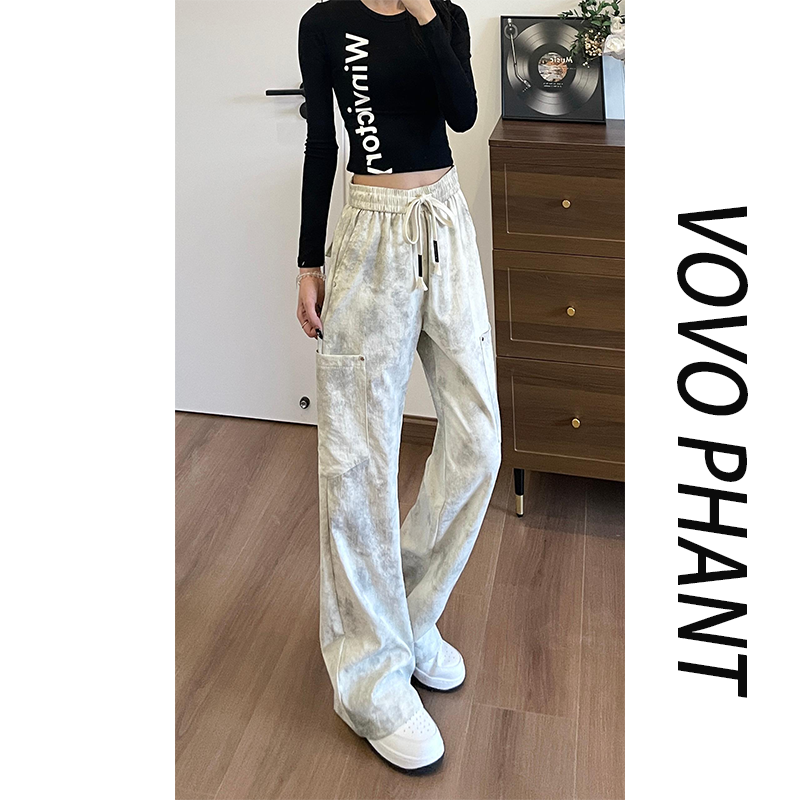 VOVO早秋季男款扎染休闲裤薄款透气裤子潮流宽松阔腿裤微喇工装裤