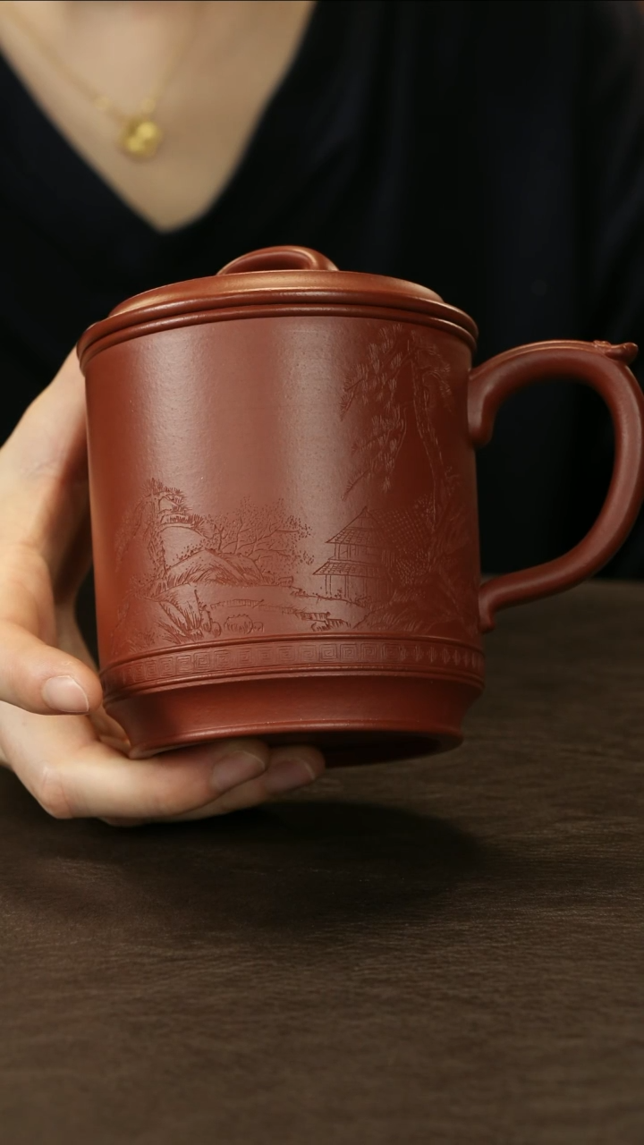 茶杯紫砂李建军  朱泥 山水盖杯   约380cc