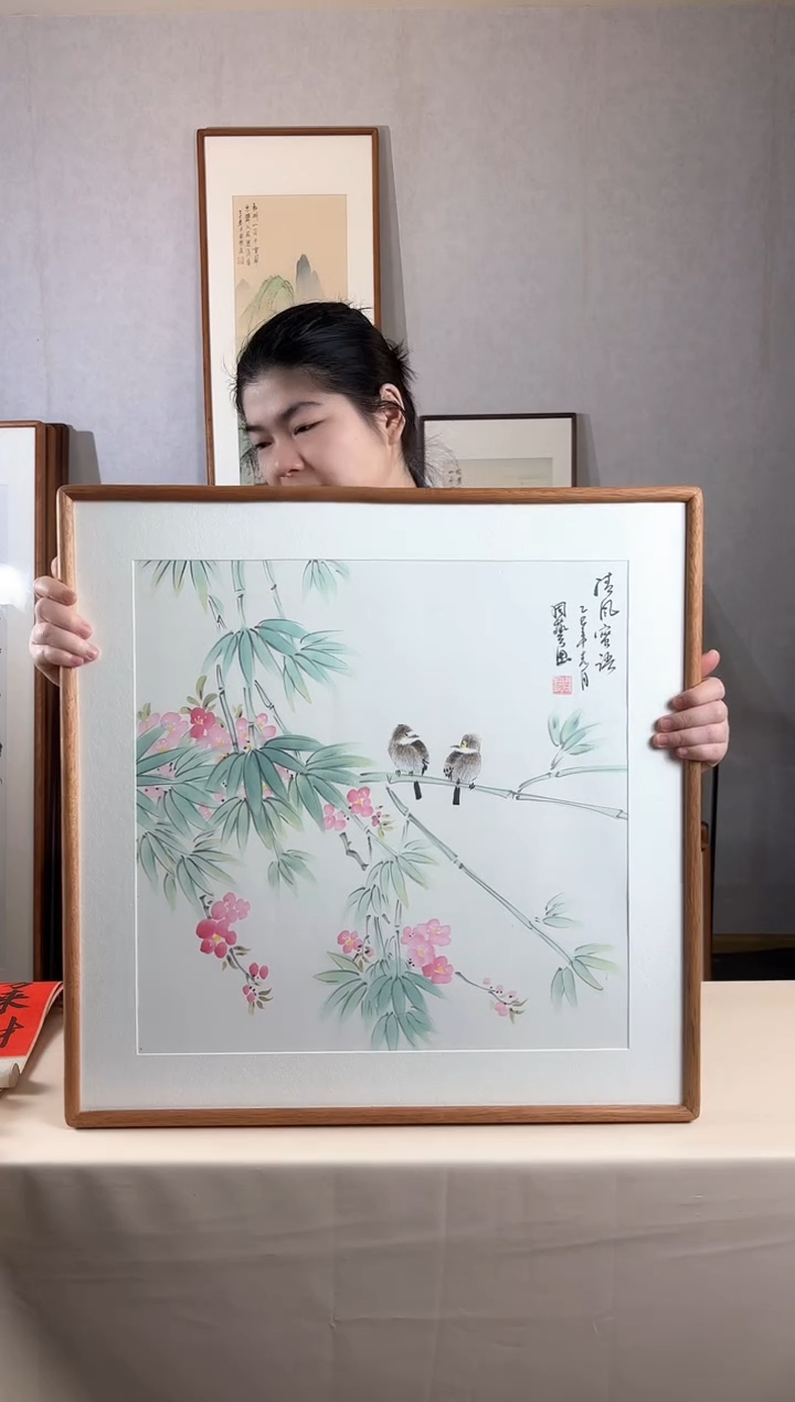 国画手绘*清风蜜语*62*62cm实木框