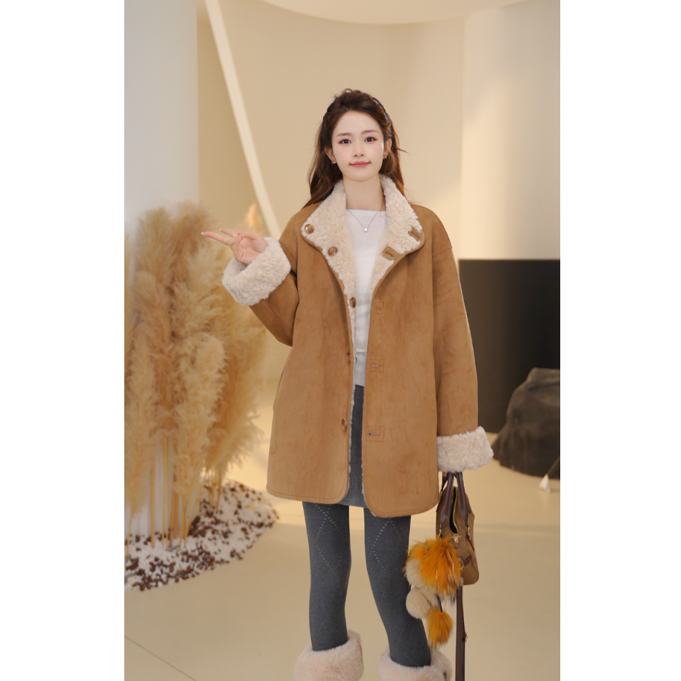 Basic House/百家好双面可穿毛毛外套女2025年冬季新款毛绒韩系C