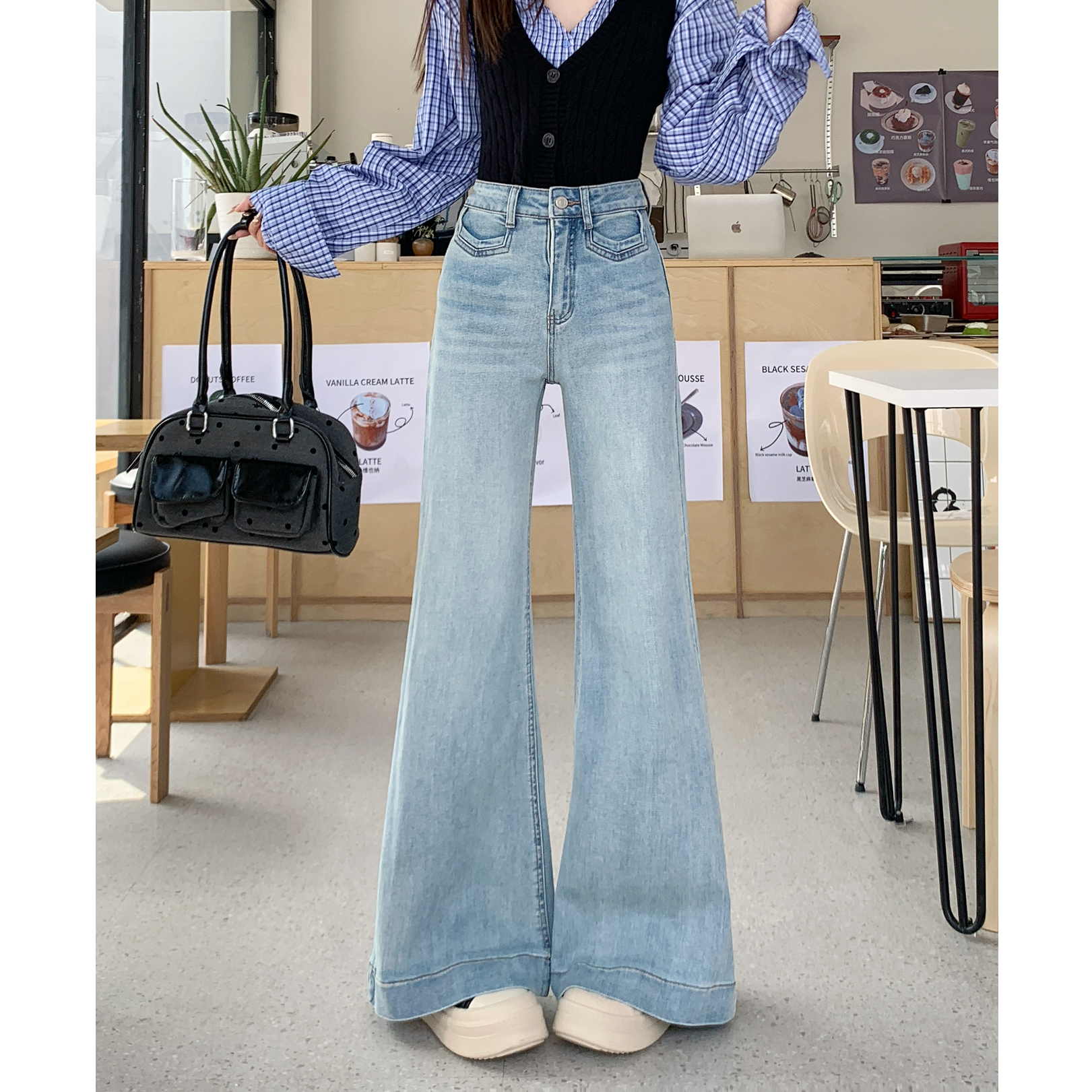 2025年秋季新款高腰牛仔裤女微喇裤直筒宽松弹力显瘦喇叭长裤子