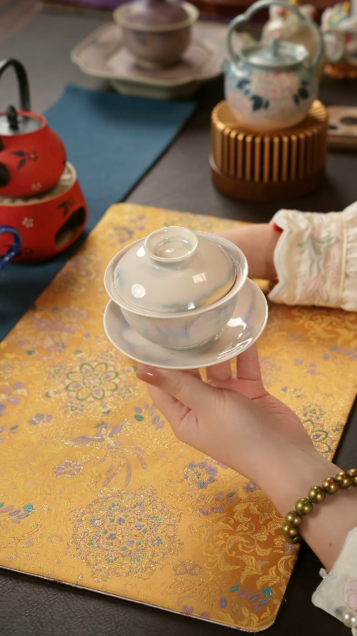 陶瓷茶具楚门窑变流釉三才盖碗