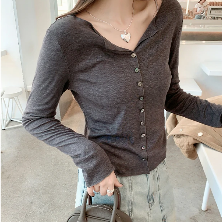 Cousin|春夏新款【桑蚕丝莱赛尔】小翻领弧度下摆假开衫百搭T恤2502