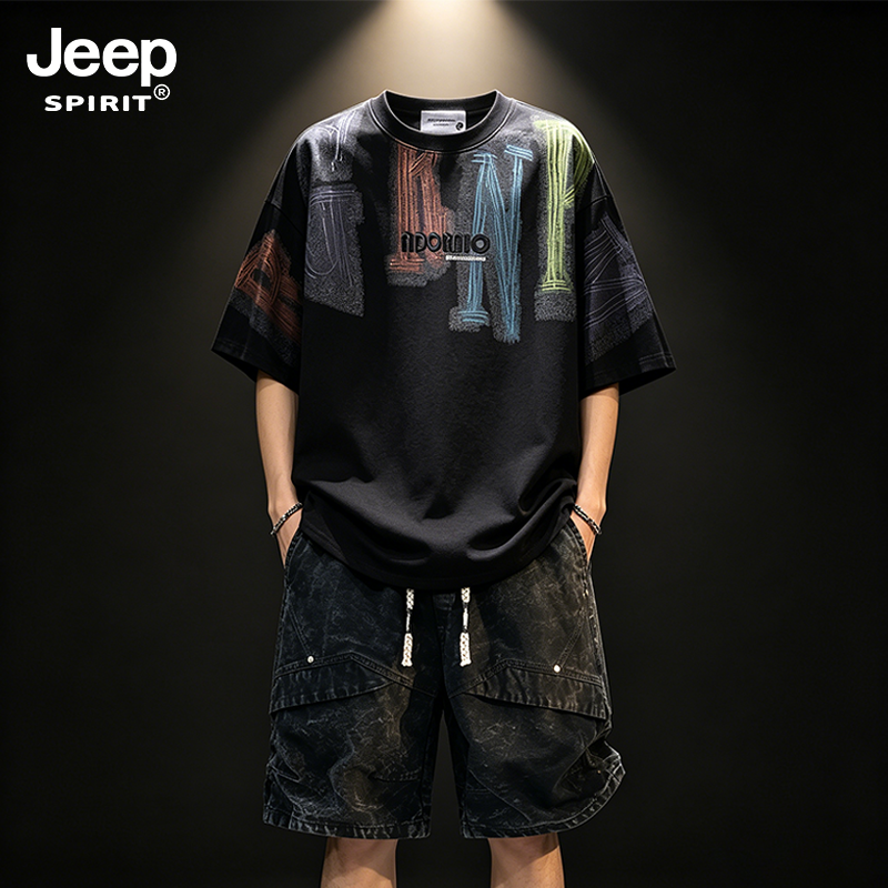 JEEPSPIRIT吉普套装夏季新款潮流百搭运动两件套宽松休闲大码上衣