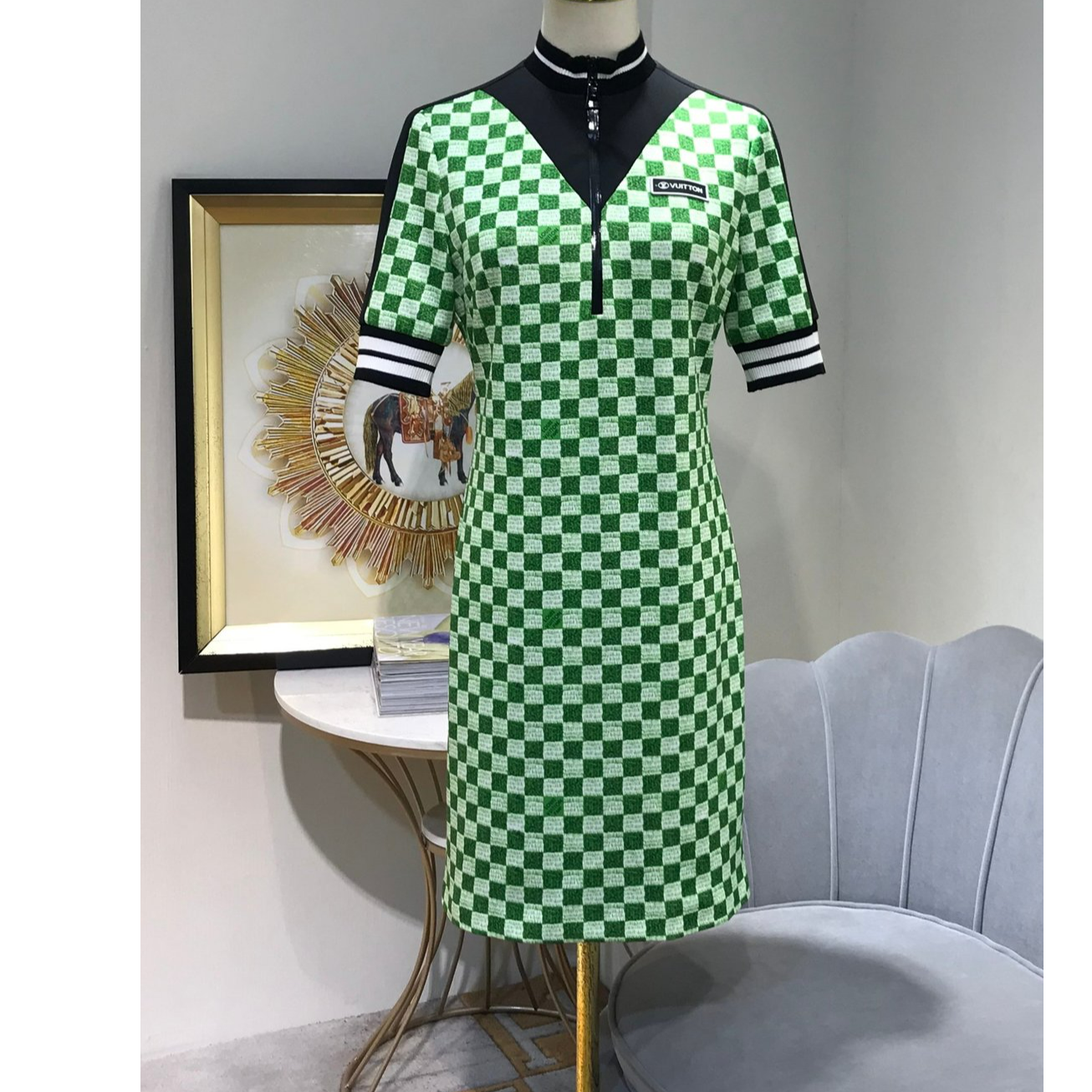 W慕溢-089白绿拼色连衣裙