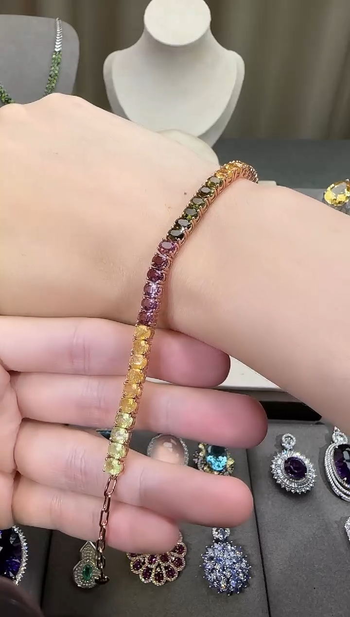 银S925镶嵌手链碧玺6mm手链简约高级款多样性发一