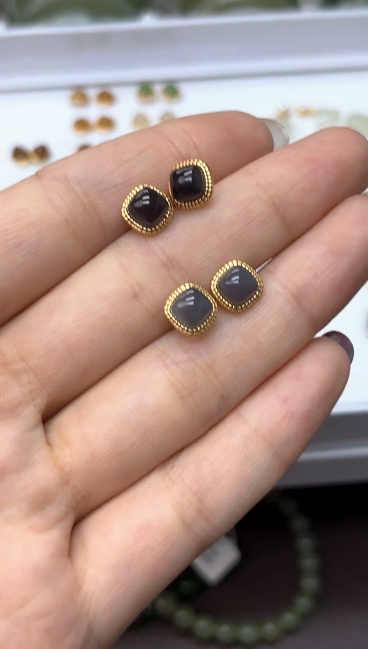 和田玉手镯未镶嵌和田玉银镶烟紫耳钉 多样拍一发一