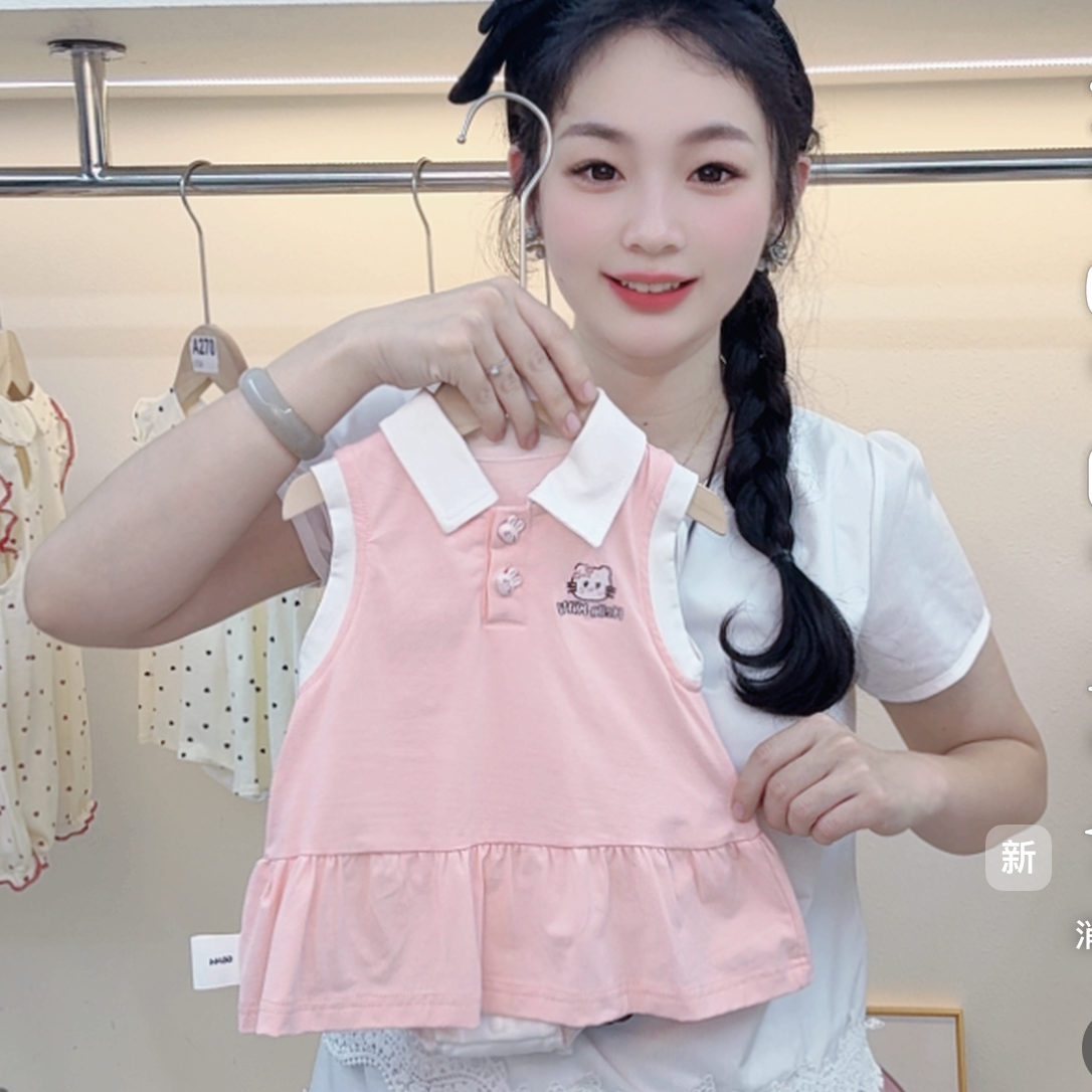 夏季新款粉色KT猫可爱学院风包屁裙时尚无袖韩版洋气女童