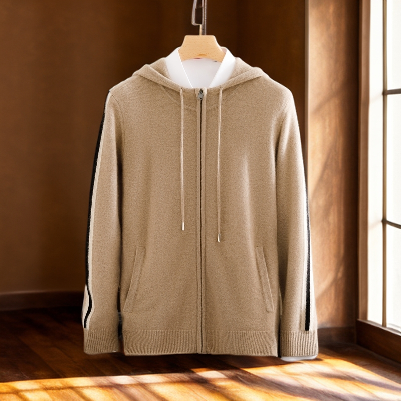 【撞色】100男士纯山羊绒衫厚款带帽连帽p家百搭加厚秋季