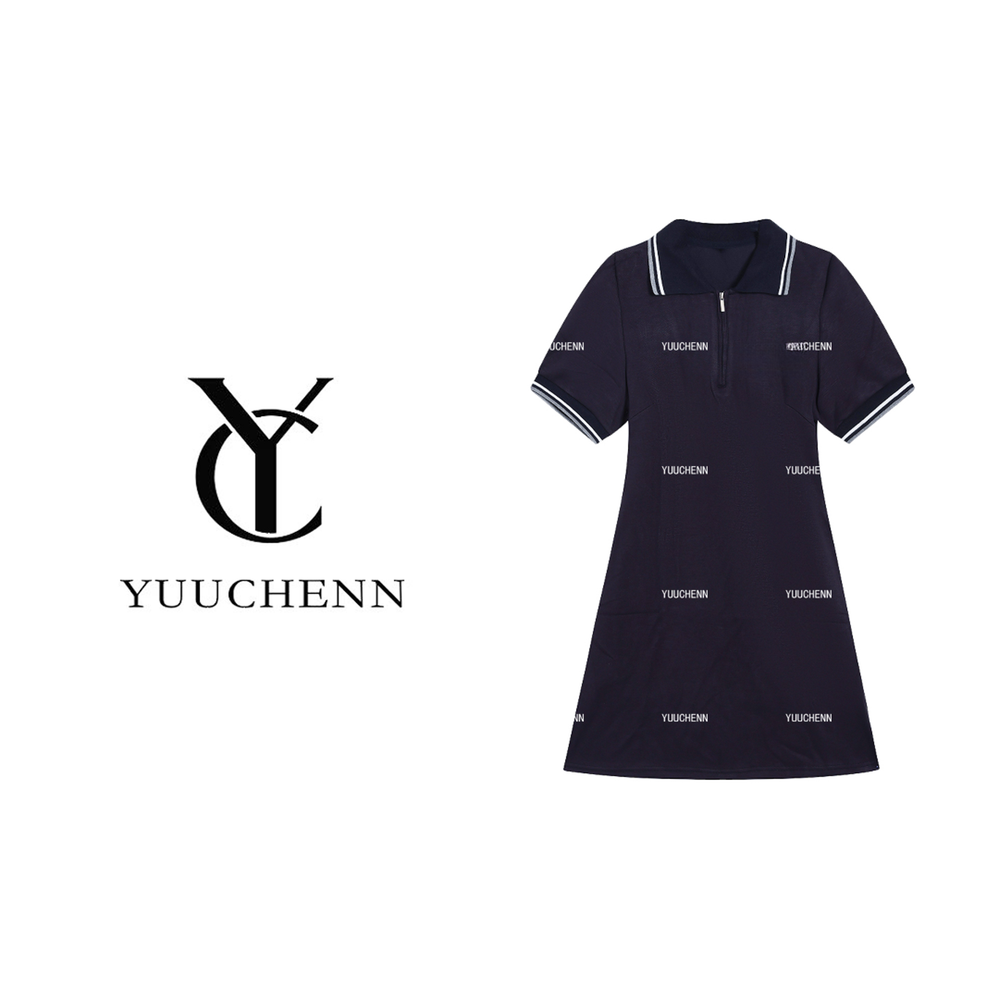 YUUCHENN简约气质复古翻领刺绣收腰连衣裙 H72396