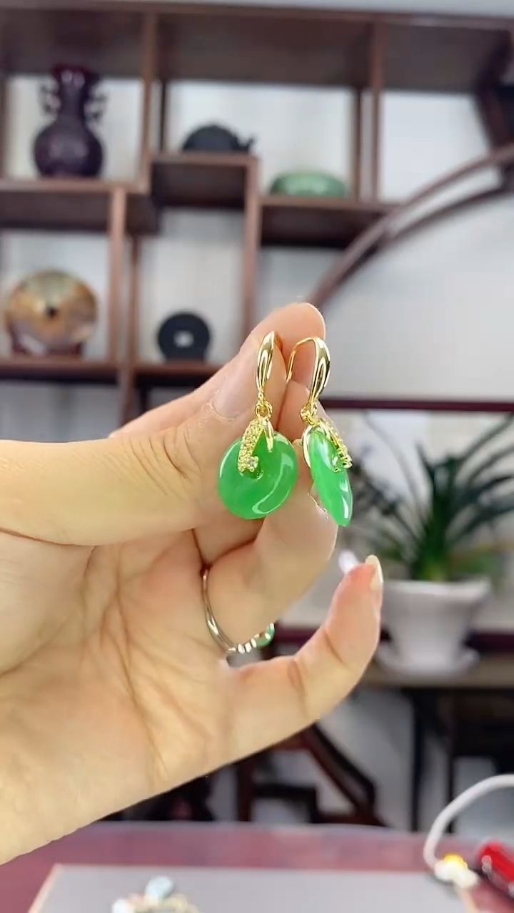 翡翠银S925镶嵌耳坠E02平安扣耳坠