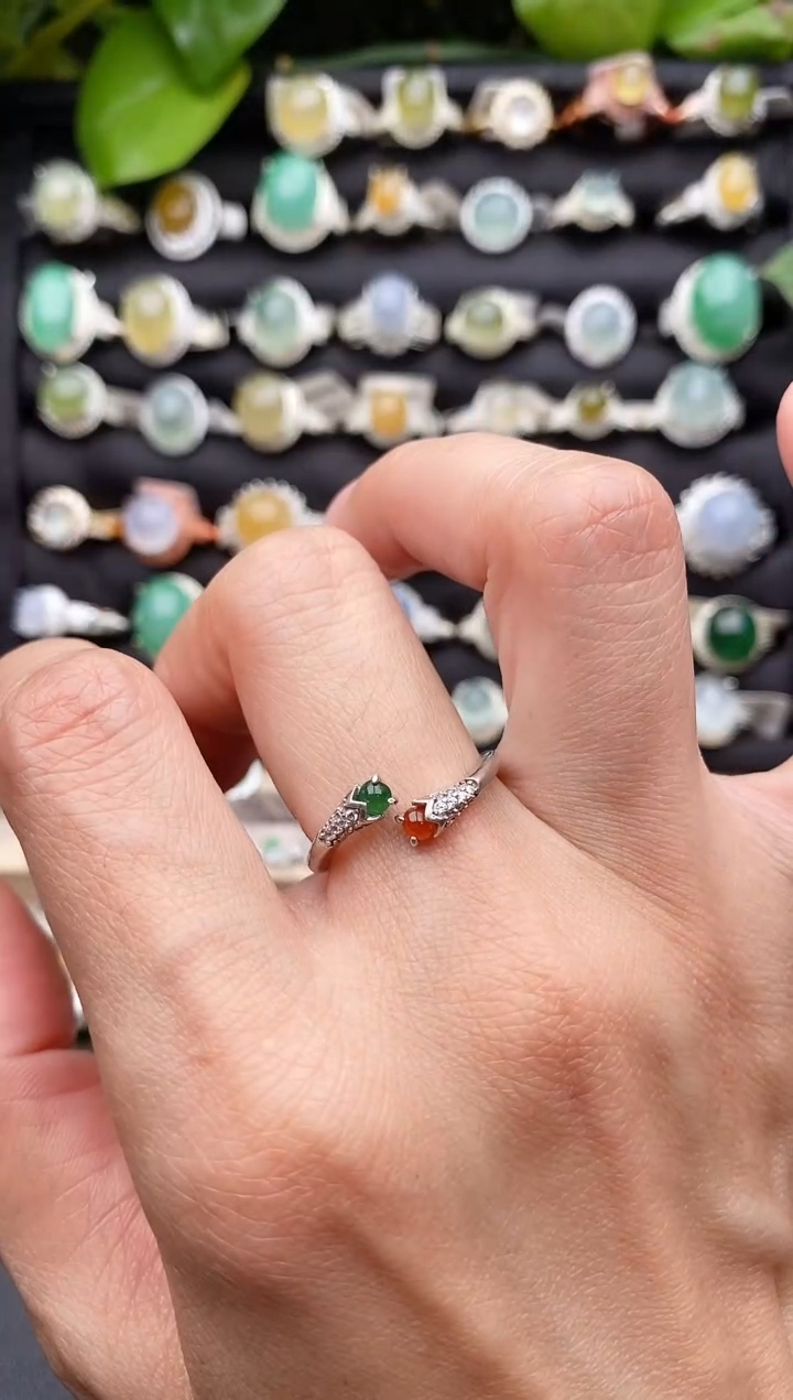 【闪购商品】翡翠戒指银S925镶嵌缅甸天然A货翡翠44  3-8