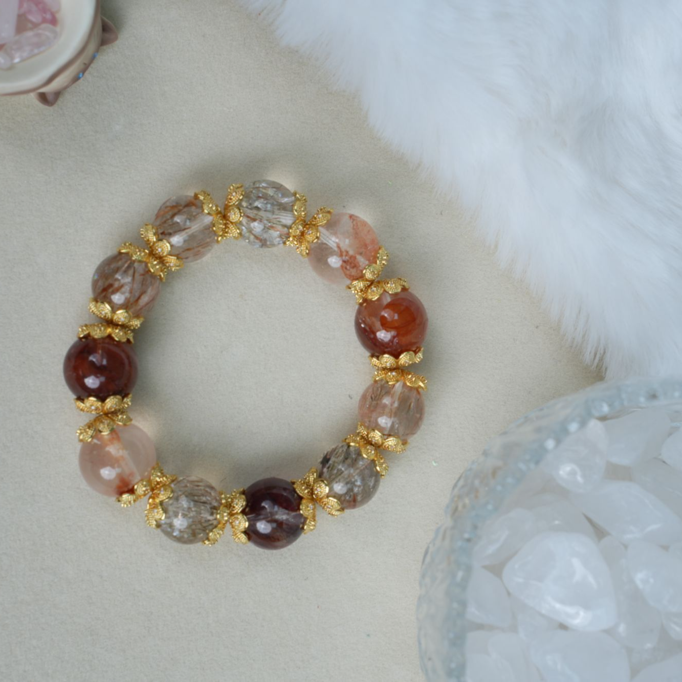 梵熹水晶 【星汉锦时】天然黑金超七 锦鲤胶花水晶手串 多样性发一