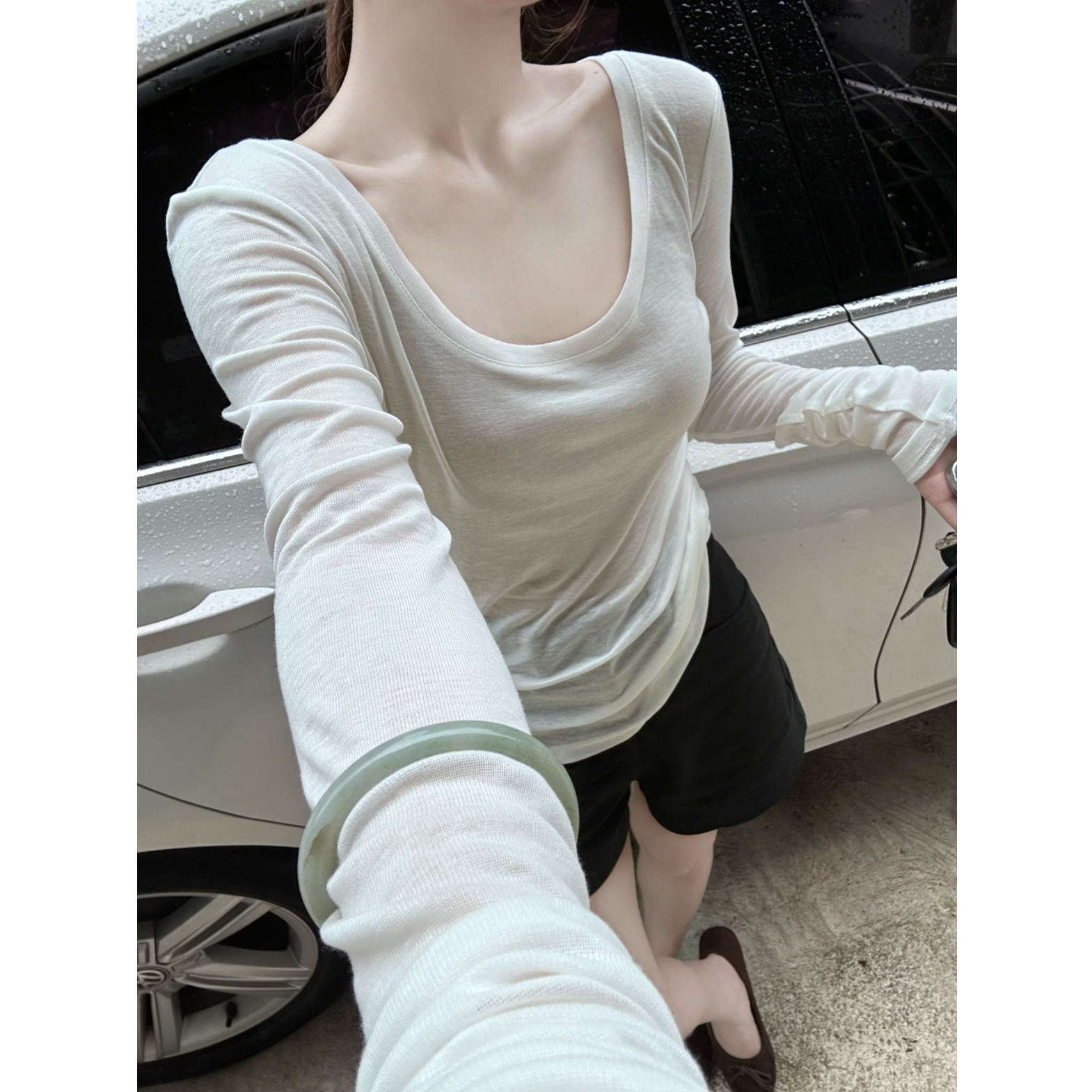 韩代 软糯天丝羊毛秋冬轻薄显瘦微透长袖T恤 