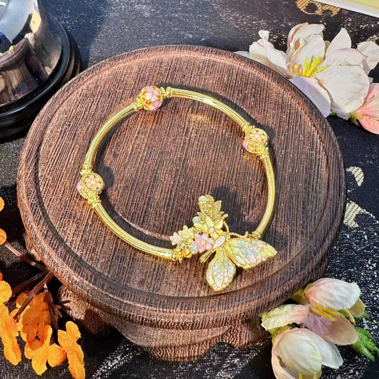 斯 足金999珐琅彩蝴蝶小提溜手链07240010