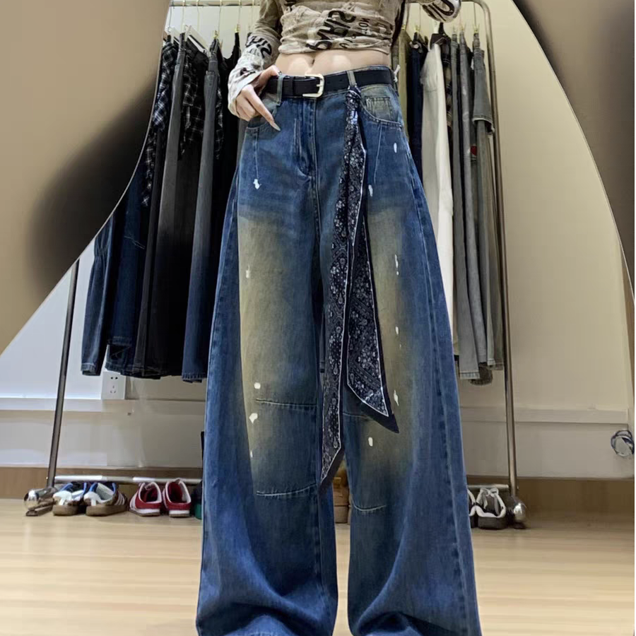 729#女士新款高腰显瘦牛仔裤宽松时尚做旧水洗长裤带子