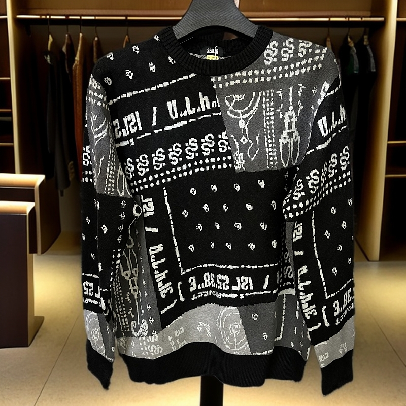 男士针织毛衣打底衫长袖时尚休闲百搭圆领秋冬提花印花