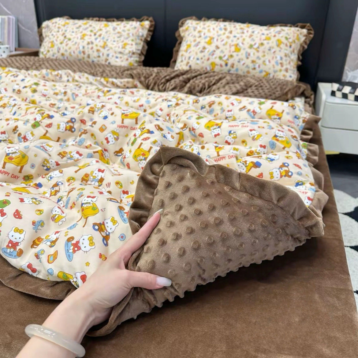 法式花边全棉豆豆绒床上四件套可爱KT猫被套加厚牛奶绒床单秋冬季