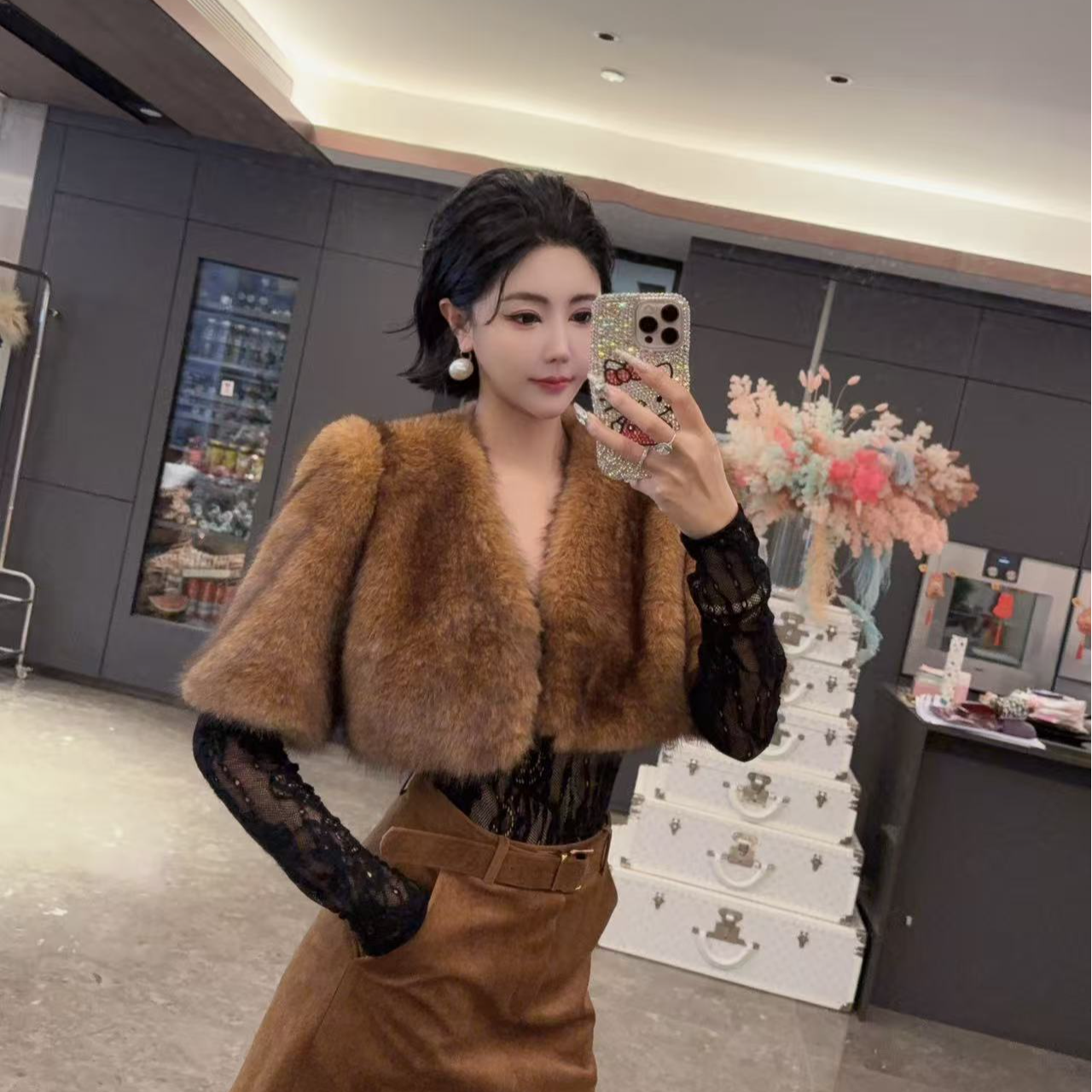 DUOMI【毛毛公主】咖色毛毛短款五分袖短袖无领开衫短外套WT15007