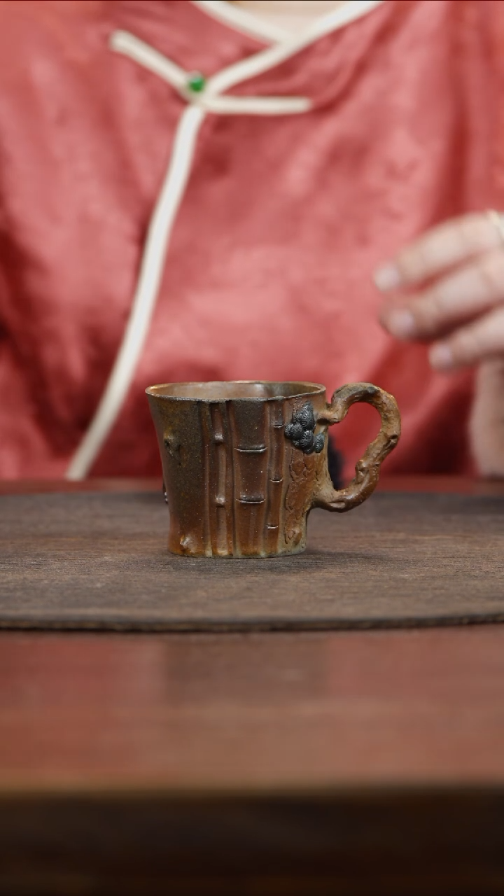 【闪购商品】紫砂茶叶罐青段柴烧岁寒三友带把主人杯