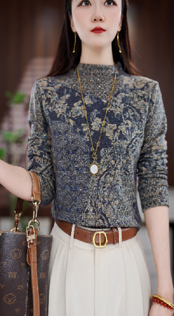 Y312款时尚百搭气质宽松减龄加绒半高领长袖上衣-悠悠